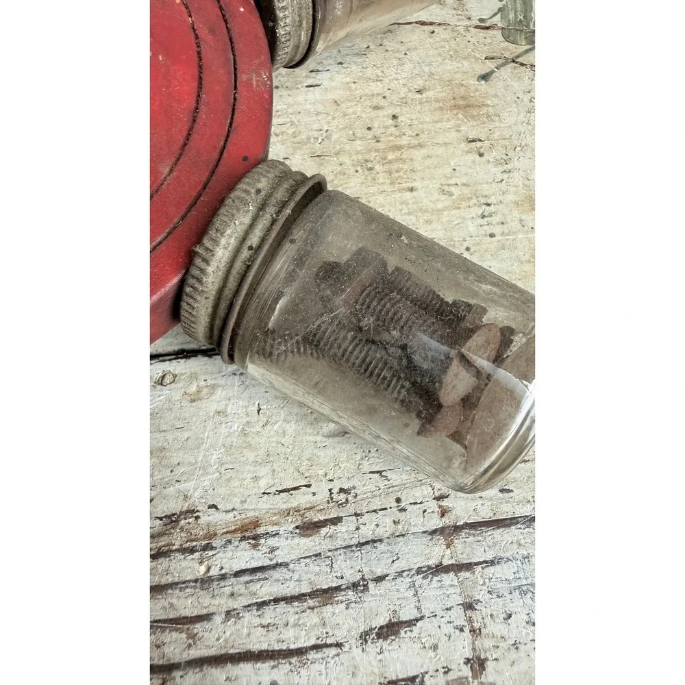 Vintage 1942 Carousel Hardware Organizer Red Wood Glass Jar Storage